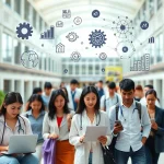 A modern university campus with diverse students studying various top academic specialties such as computer science, medicine, engineering, economics, and artificial intelligence, depicted through symbolic icons like laptops, stethoscopes, gears, charts, and neural networks floating above them, bright natural lighting, high detail, educational and inspiring atmosphere