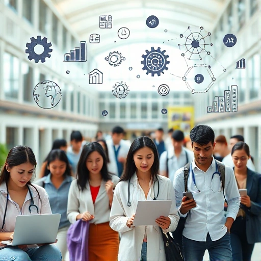 A modern university campus with diverse students studying various top academic specialties such as computer science, medicine, engineering, economics, and artificial intelligence, depicted through symbolic icons like laptops, stethoscopes, gears, charts, and neural networks floating above them, bright natural lighting, high detail, educational and inspiring atmosphere