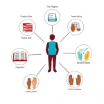 A professional illustration showing the core components of a psychologist training program: a central figure of a psychologist surrounded by interconnected icons representing key elements such as theoretical foundations (books), practical skills (therapy session), ethics (scales of justice), research methods (data charts), supervision (mentor and trainee), and cultural competence (diverse hands), all connected by subtle lines to form a cohesive network, set against a clean, neutral background wi