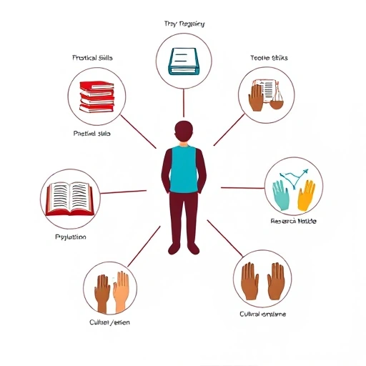 A professional illustration showing the core components of a psychologist training program: a central figure of a psychologist surrounded by interconnected icons representing key elements such as theoretical foundations (books), practical skills (therapy session), ethics (scales of justice), research methods (data charts), supervision (mentor and trainee), and cultural competence (diverse hands), all connected by subtle lines to form a cohesive network, set against a clean, neutral background wi