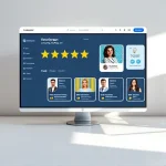 A modern online education platform interface showing rating stars, course cards with teacher profiles, student reviews, and a clean dashboard layout with Russian text elements like 'Рейтинг-онлайн-школ.рф' visible on screen, minimalist design, soft lighting, professional color scheme