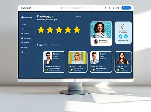 A modern online education platform interface showing rating stars, course cards with teacher profiles, student reviews, and a clean dashboard layout with Russian text elements like 'Рейтинг-онлайн-школ.рф' visible on screen, minimalist design, soft lighting, professional color scheme