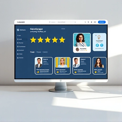 A modern online education platform interface showing rating stars, course cards with teacher profiles, student reviews, and a clean dashboard layout with Russian text elements like 'Рейтинг-онлайн-школ.рф' visible on screen, minimalist design, soft lighting, professional color scheme
