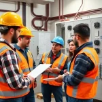 A professional training session in the field of electrical engineering, showing diverse adults in safety gear learning about power systems, transformers, and electrical panels in a modern technical classroom with diagrams and equipment, realistic lighting, detailed but clean composition