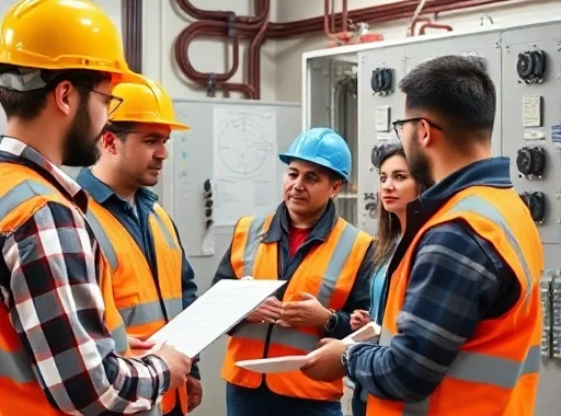 A professional training session in the field of electrical engineering, showing diverse adults in safety gear learning about power systems, transformers, and electrical panels in a modern technical classroom with diagrams and equipment, realistic lighting, detailed but clean composition