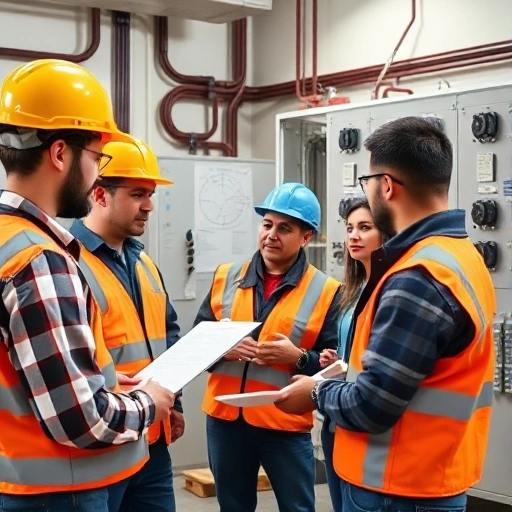 A professional training session in the field of electrical engineering, showing diverse adults in safety gear learning about power systems, transformers, and electrical panels in a modern technical classroom with diagrams and equipment, realistic lighting, detailed but clean composition
