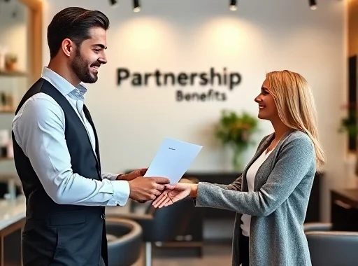 A modern beauty salon interior with a professional consultant presenting a partnership agreement to a salon owner, both smiling and shaking hands, elegant decor, soft natural lighting, subtle branding elements on the wall like 'Partnership Benefits' in clean typography, no visible text or letters in the image