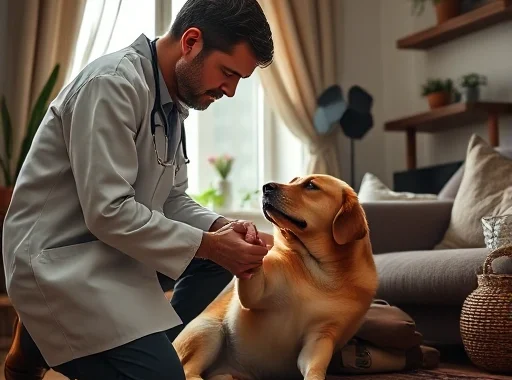 A compassionate veterinarian gently administering euthanasia to a peaceful dog in a cozy home setting in Moscow, soft natural light from a window, warm interior with Russian touches like a woven rug and indoor plants, the pet owner sitting nearby holding the dog's paw, emotional but serene atmosphere, no medical equipment visible, focus on dignity and comfort