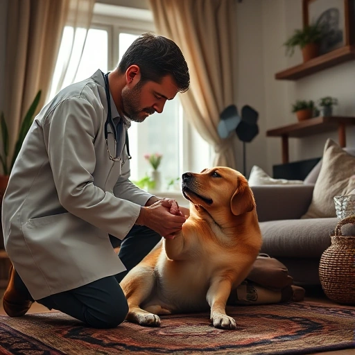 A compassionate veterinarian gently administering euthanasia to a peaceful dog in a cozy home setting in Moscow, soft natural light from a window, warm interior with Russian touches like a woven rug and indoor plants, the pet owner sitting nearby holding the dog's paw, emotional but serene atmosphere, no medical equipment visible, focus on dignity and comfort
